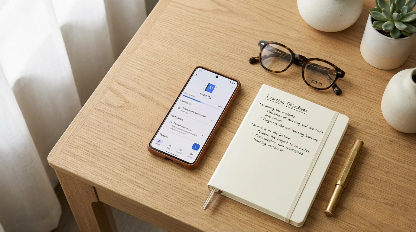 A flat lay of a smartphone, reading glasses, and a notebook on a wooden table.