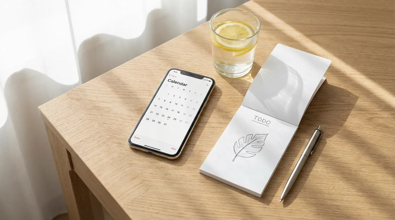 A flat lay showing a smartphone, water, and a notepad on a wooden surface.