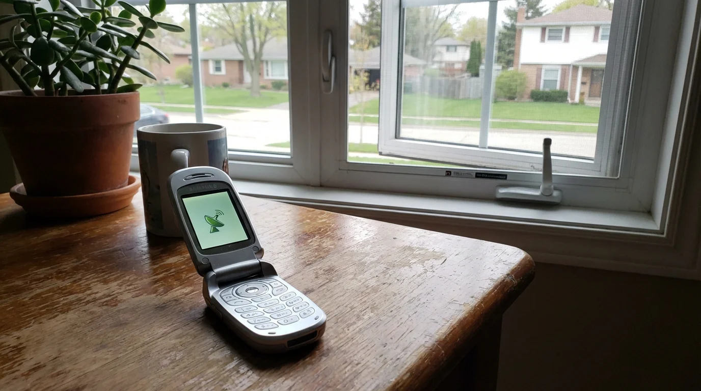 A flip phone near a window showing a GPS signal icon on the screen.
