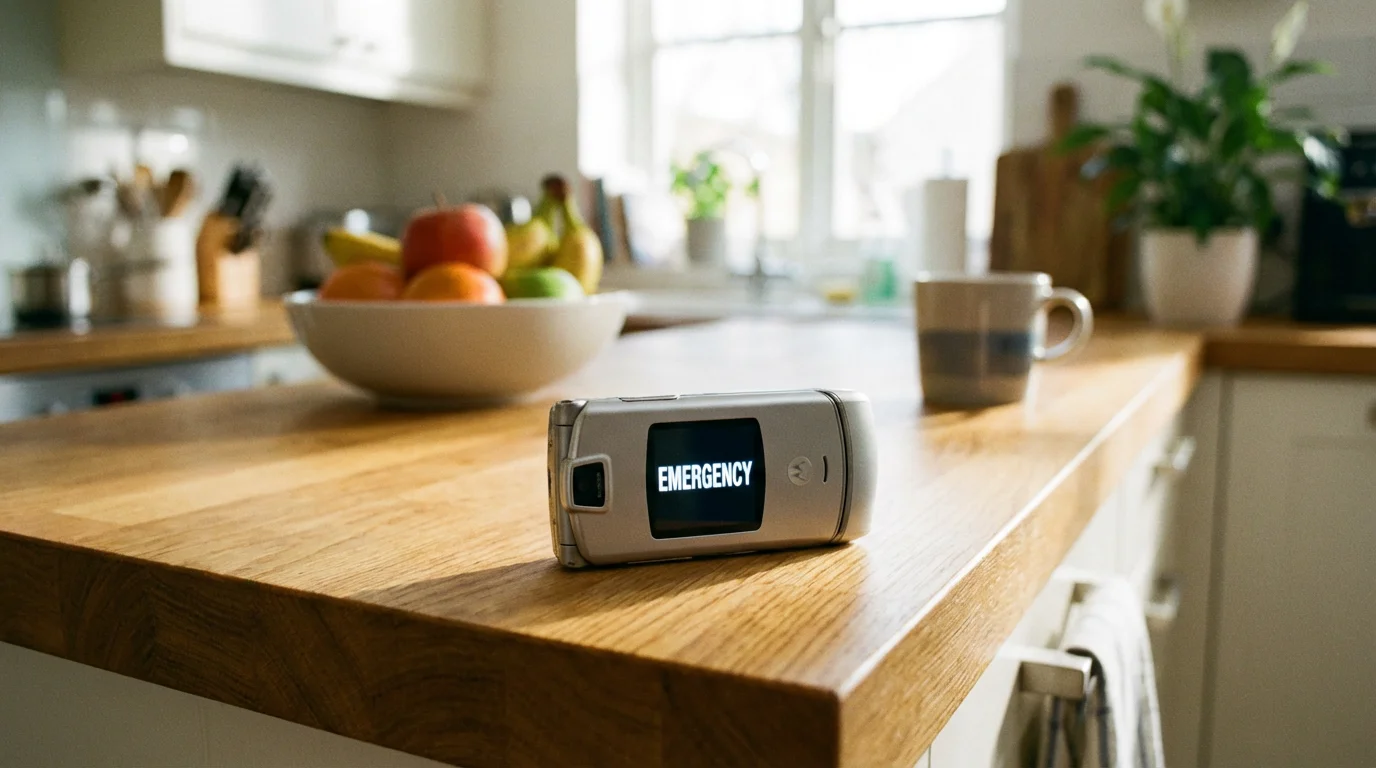 A flip phone on a counter showing an emergency call option on its screen.