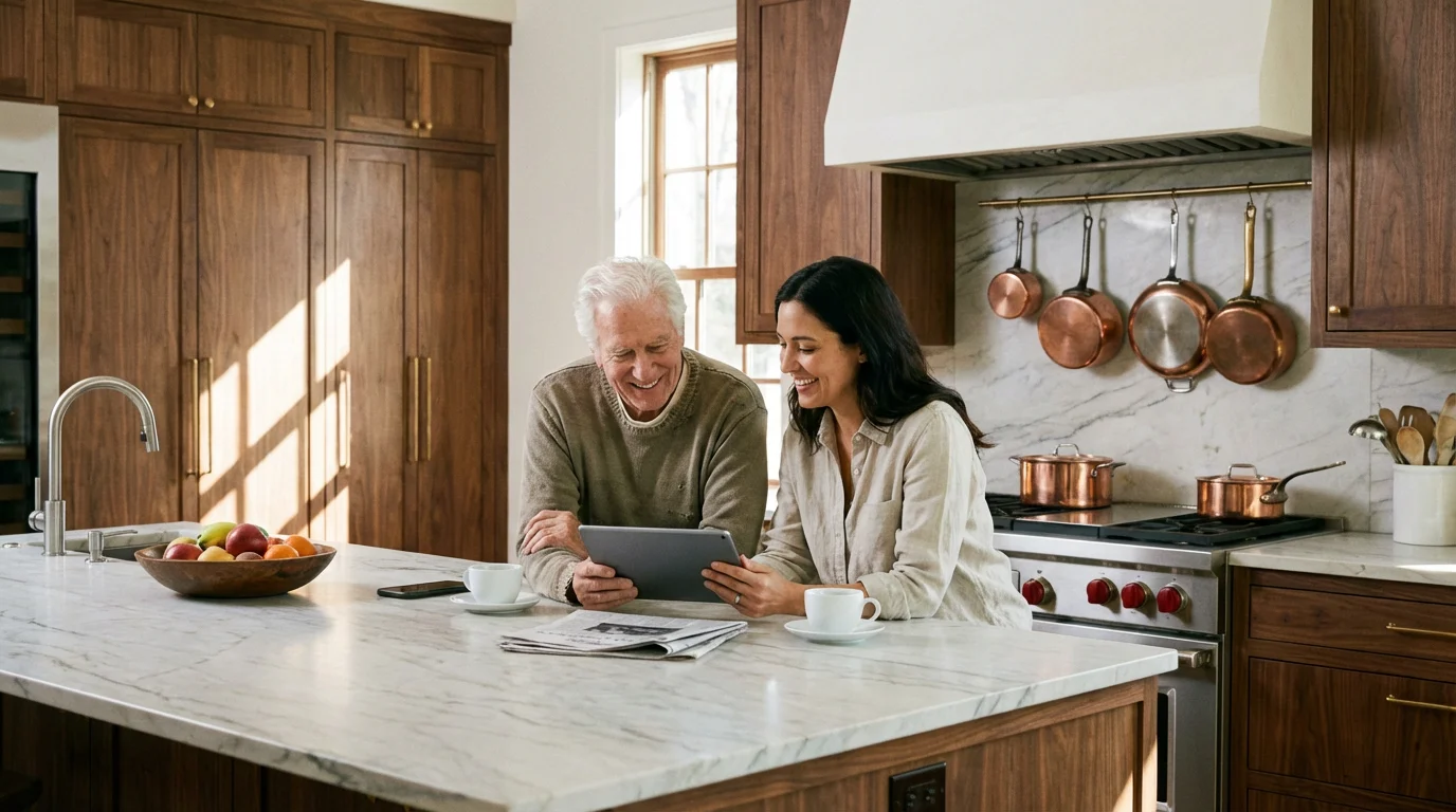 A grandfather and daughter smiling together while looking at a tablet.