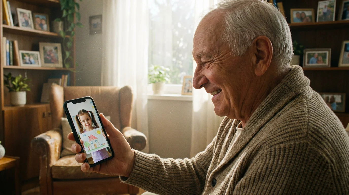 A grandfather watching his granddaughter show a drawing over a video call.