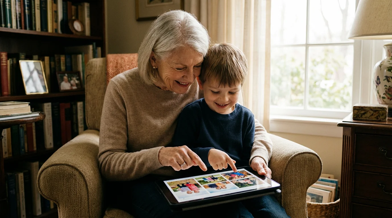 A grandmother and grandson looking at photos on a tablet together.