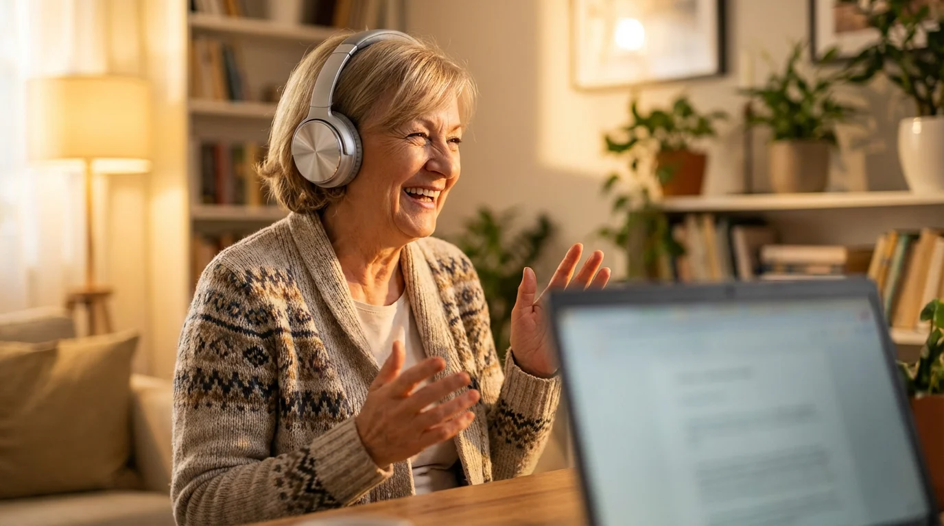 A grandmother wearing headphones and smiling while talking to her family online.