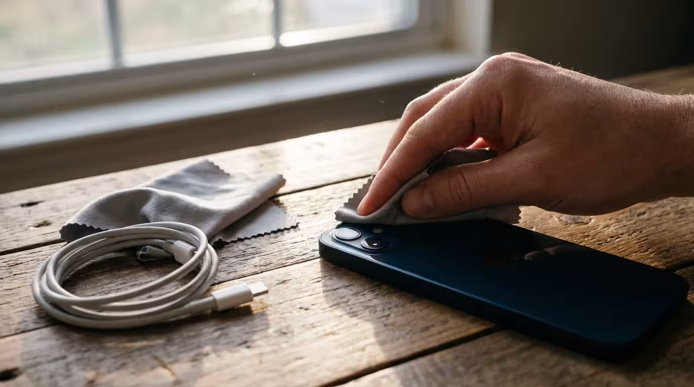 A hand cleaning a smartphone camera lens with a soft cloth on a wooden table.