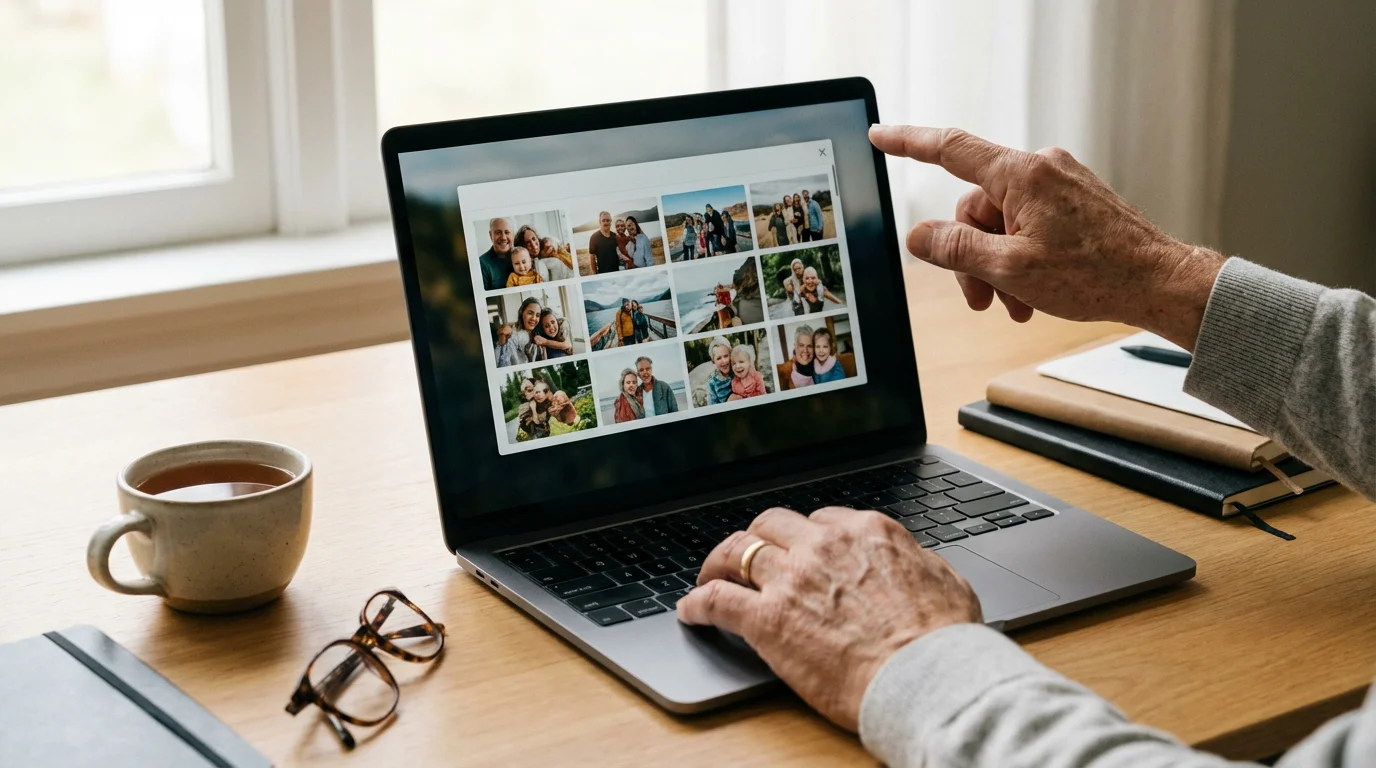 A hand closing personal folders on a laptop screen to prepare for a support session.