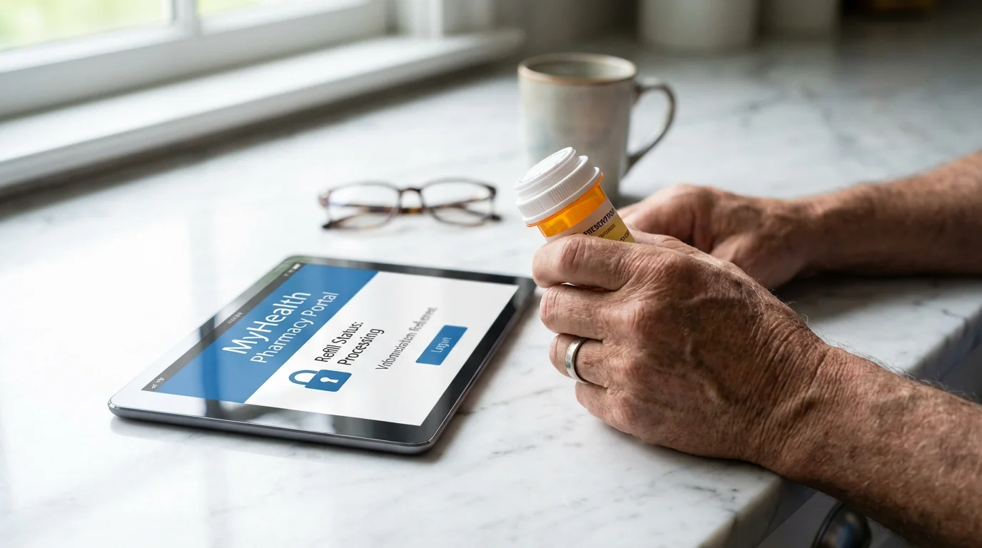 A hand holding a medicine bottle next to a tablet displaying a pharmacy website.
