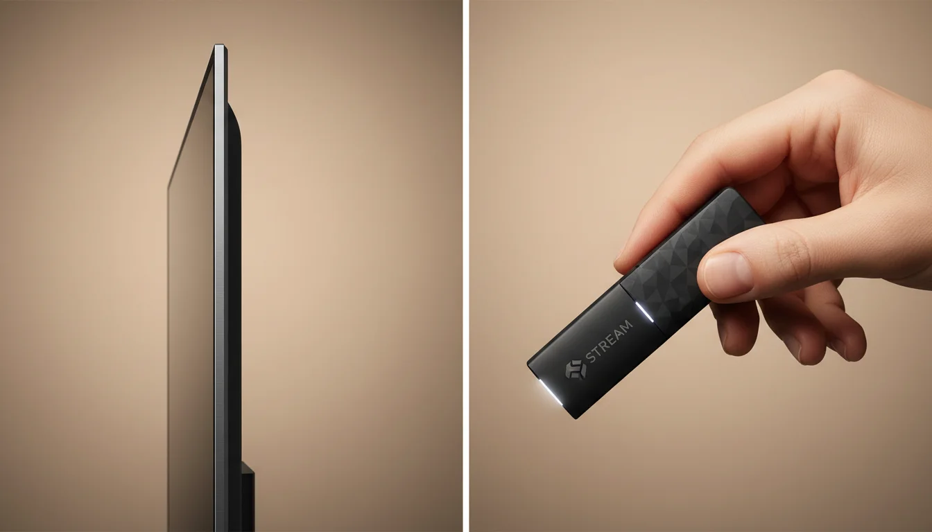 A hand holding a small streaming stick next to the side of a modern flat-screen television.
