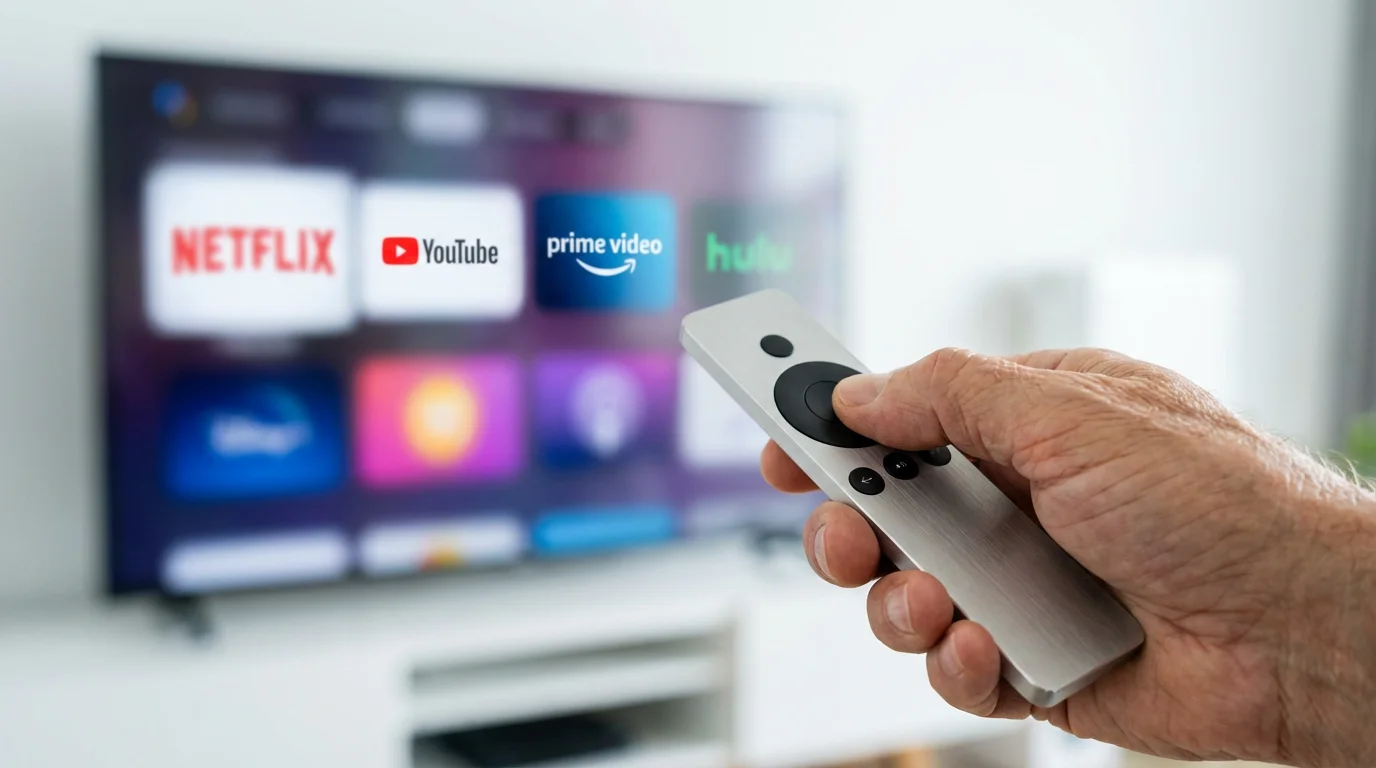 A hand navigating a smart TV menu using the circular directional pad on a remote.