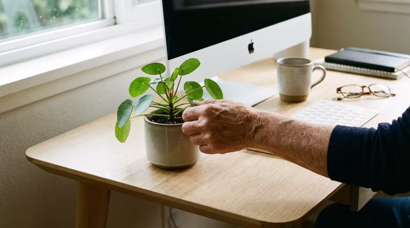 A hand near a small potted plant and a computer, representing care.