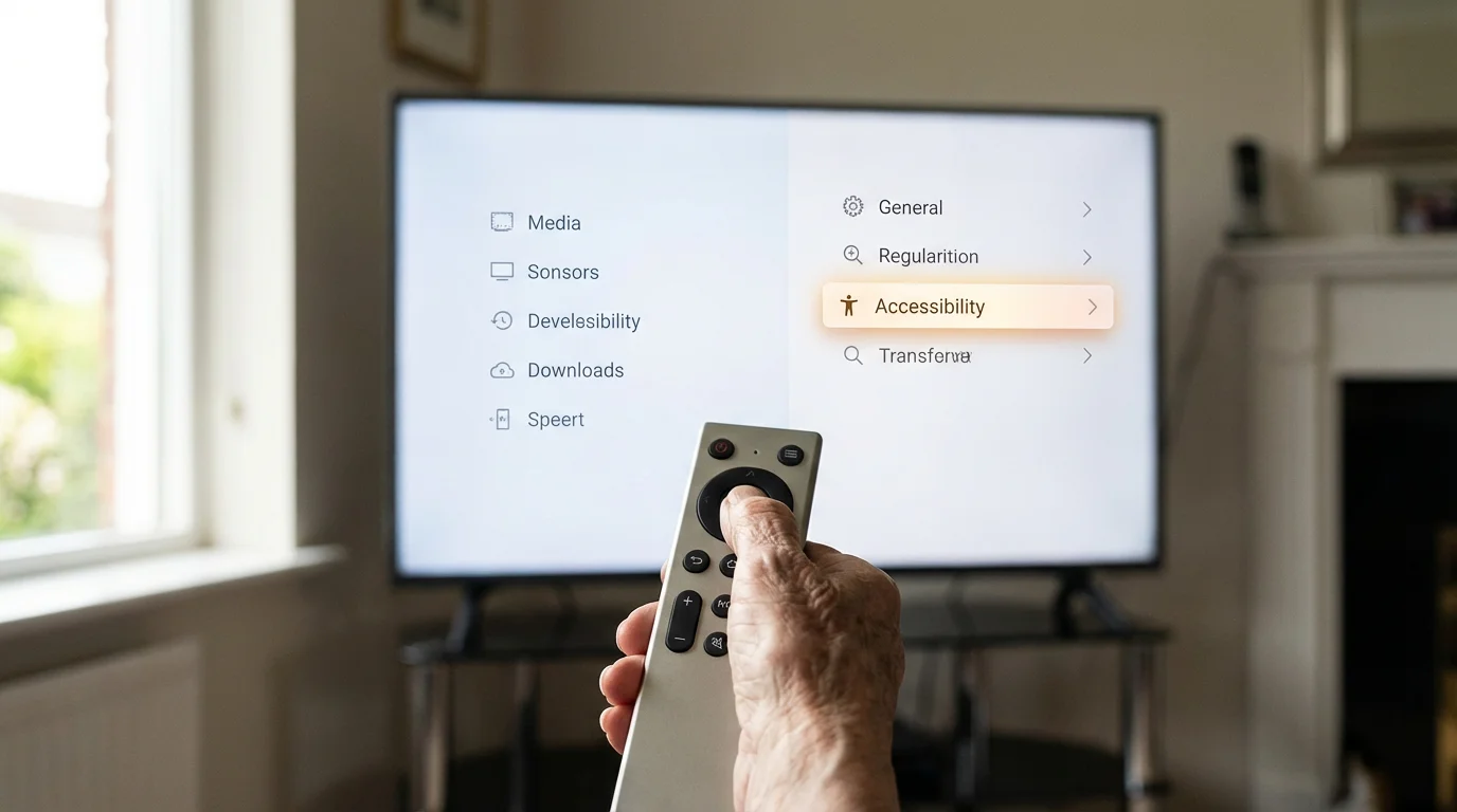 A hand using a remote to select the Accessibility menu on a smart TV screen.
