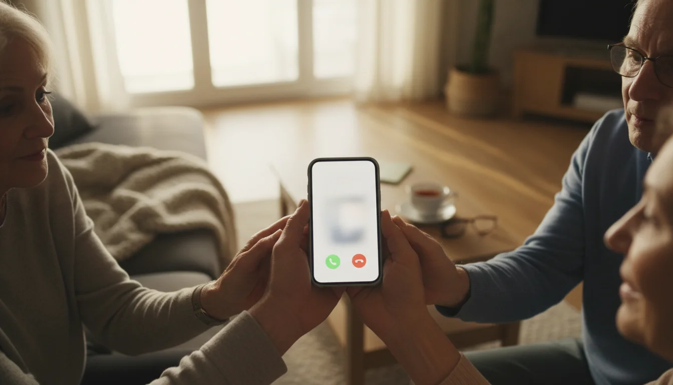 A high-angle flat lay shot of a senior's hands holding a smartphone displaying a blurred incoming call notification, bathed in golden hour light.