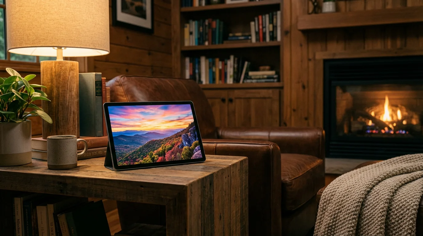 A high-quality Android tablet showing a landscape photo on a wooden side table.