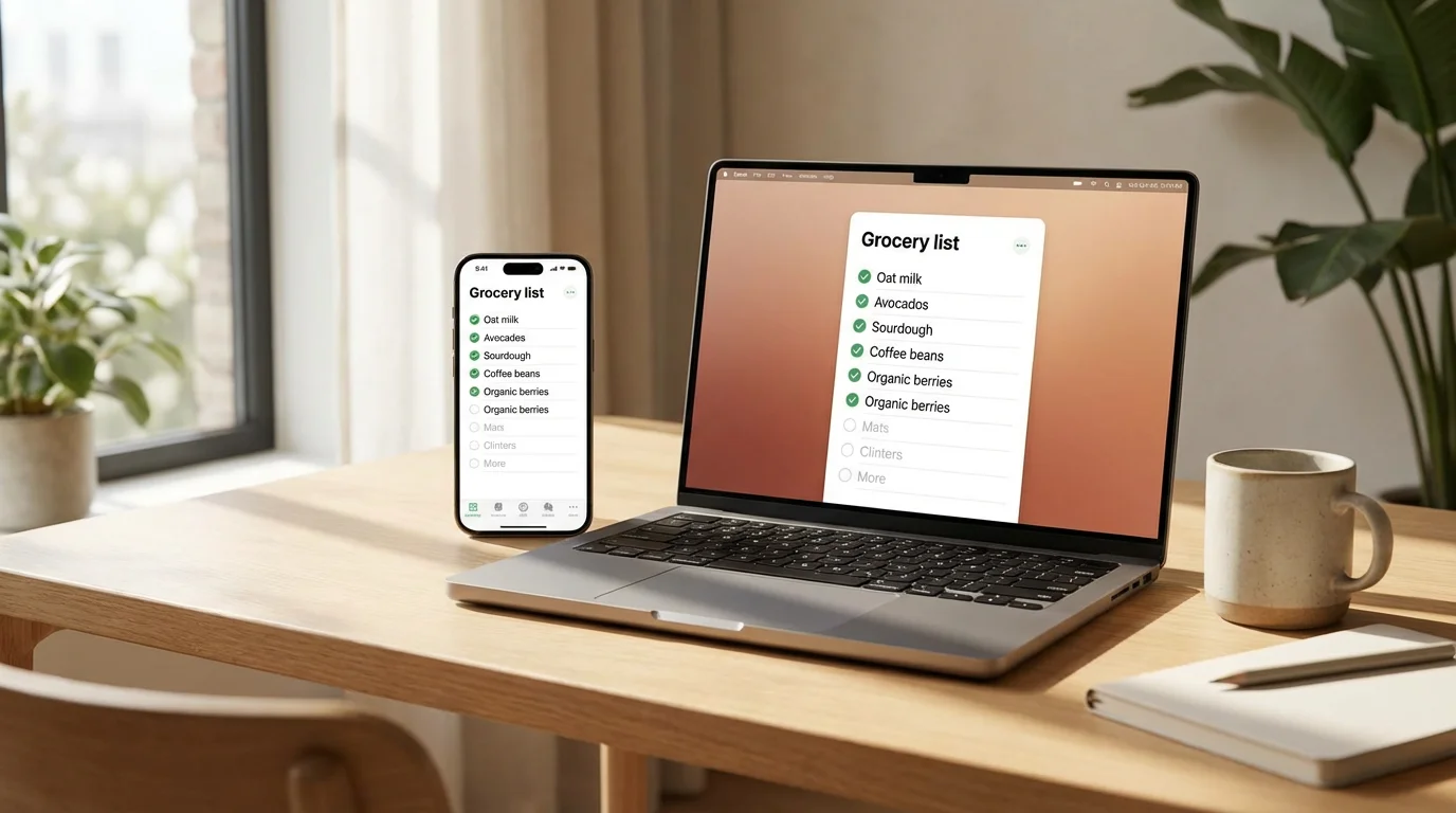 A laptop and a smartphone both showing the same synchronized note.