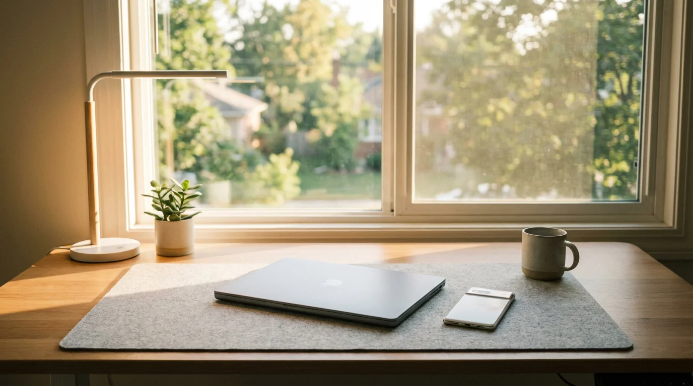 A laptop and smartphone on a desk in a bright home office.