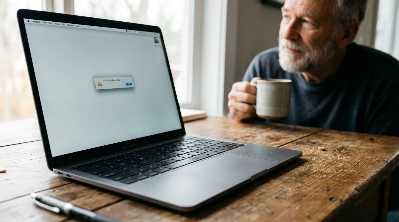 A laptop on a desk showing a file size error message with a senior man in the background.