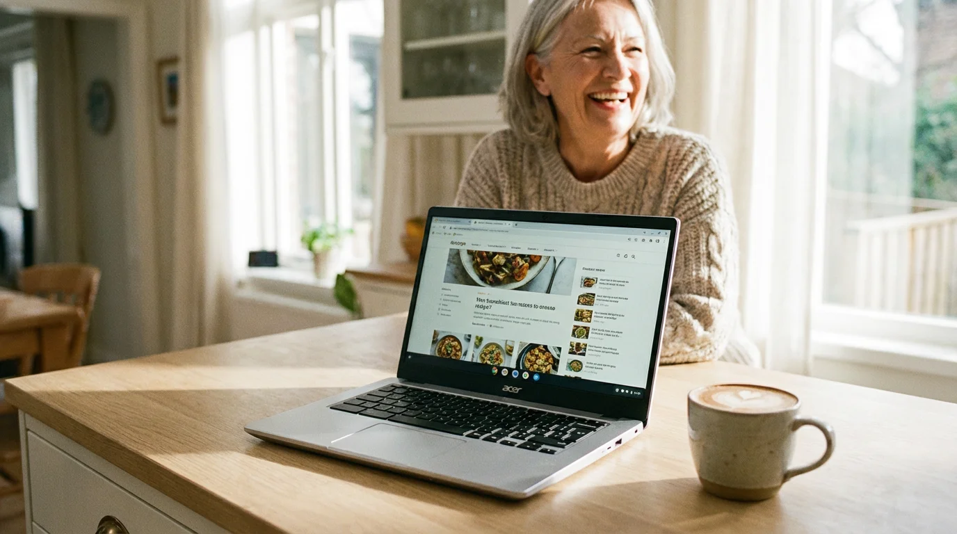 A laptop on a kitchen counter in a bright, cheerful home environment.