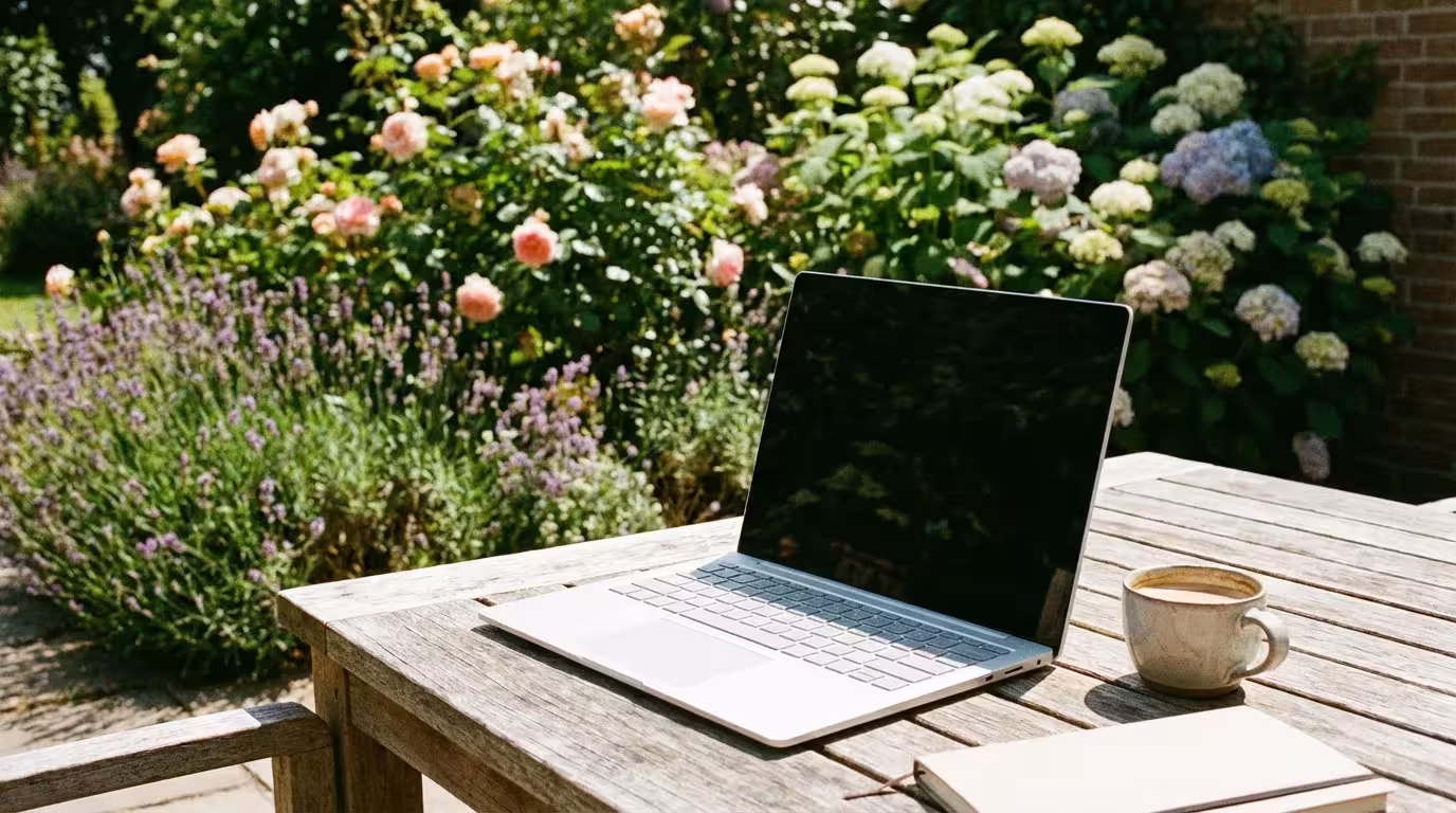 A laptop on an outdoor table in a beautiful, sunny garden setting.