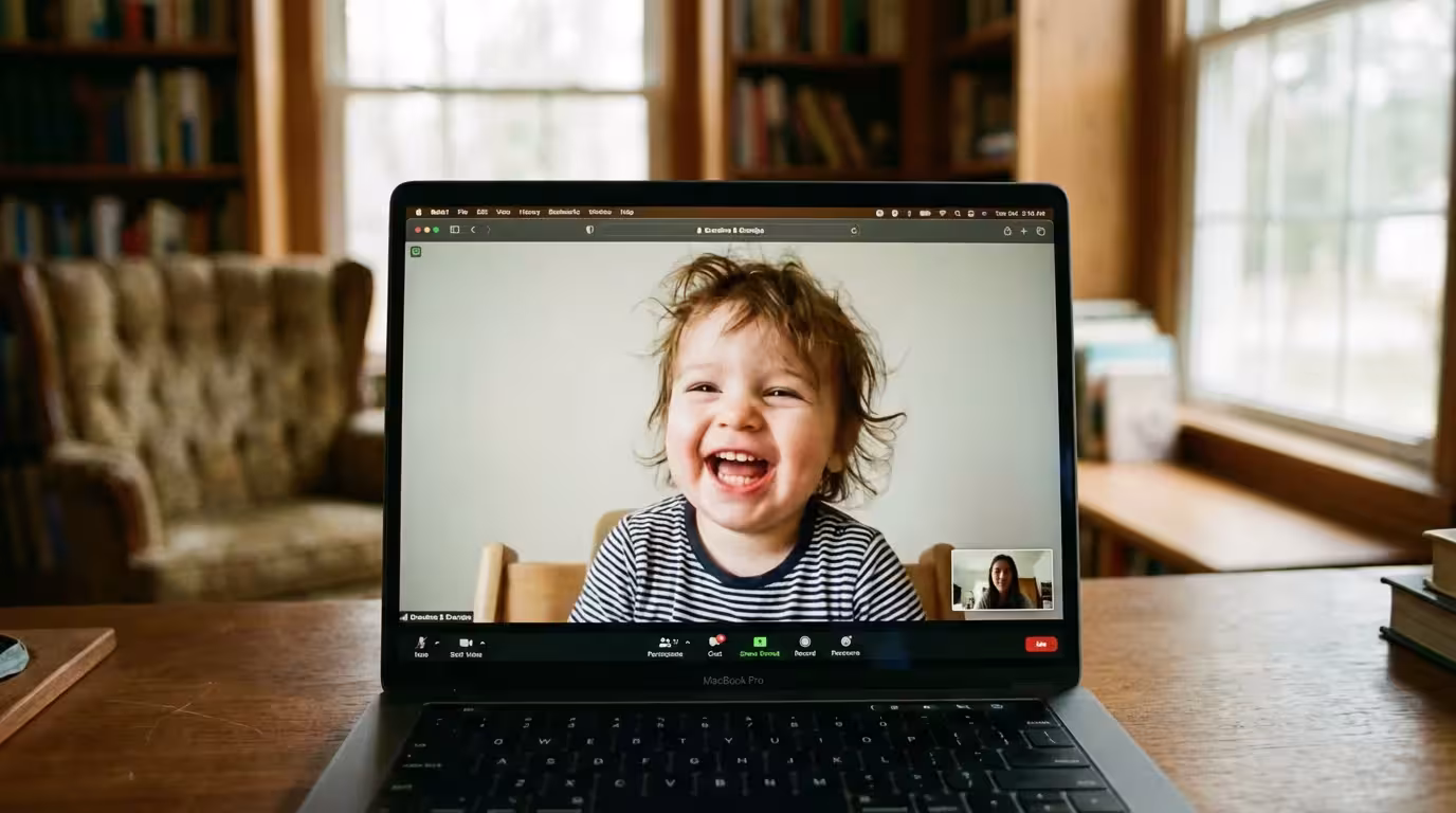 A laptop screen showing a clear, high-quality video call with a smiling child.