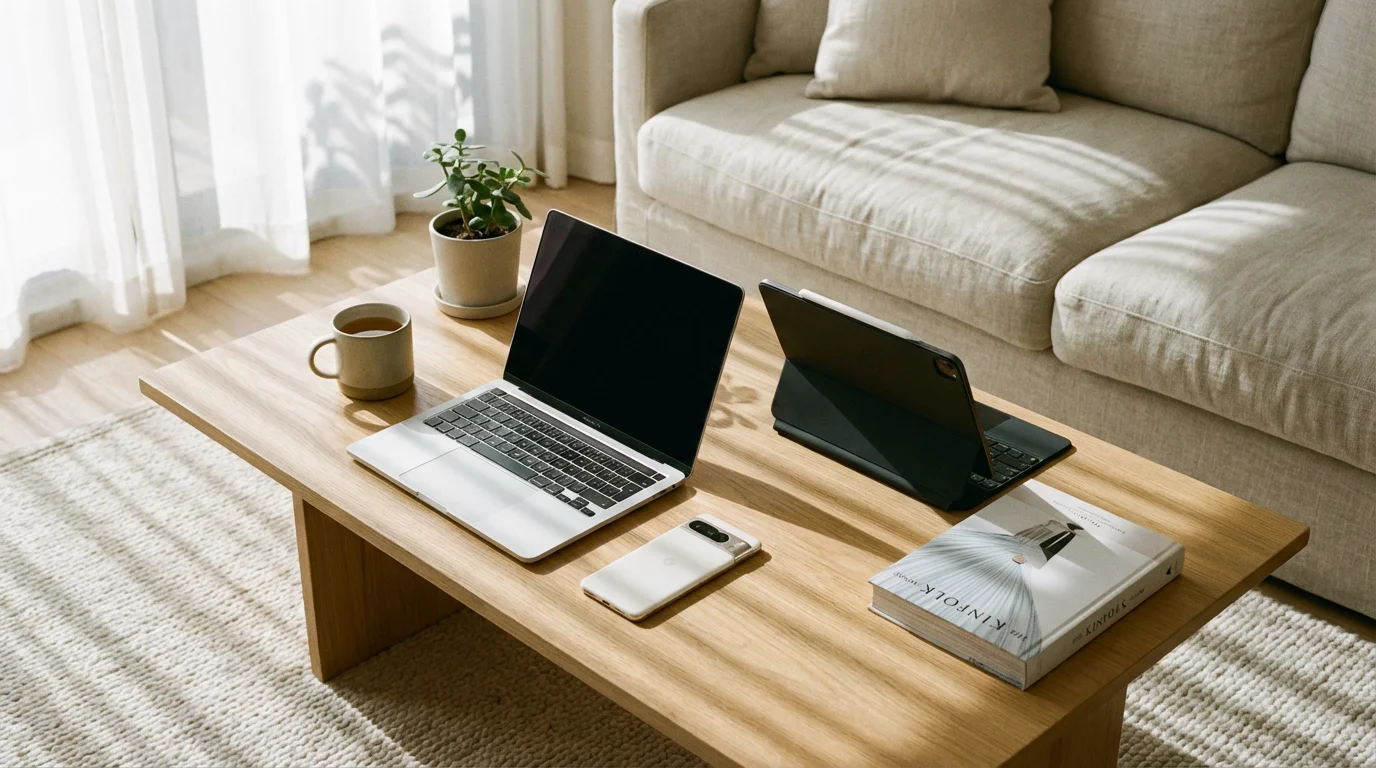 A laptop, tablet, and smartphone arranged neatly on a wooden table in a sunlit room.