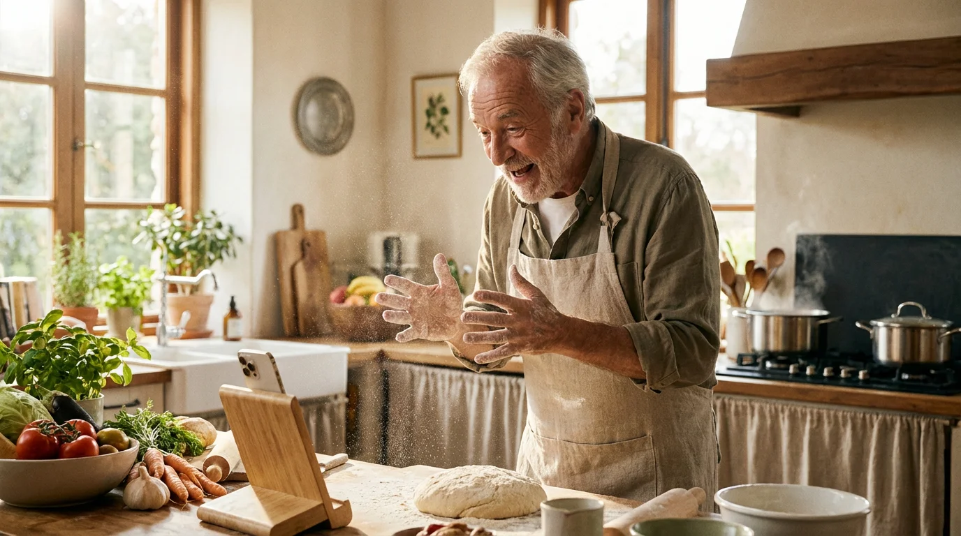 A man baking in a kitchen, using Siri to set a timer while his hands are busy.