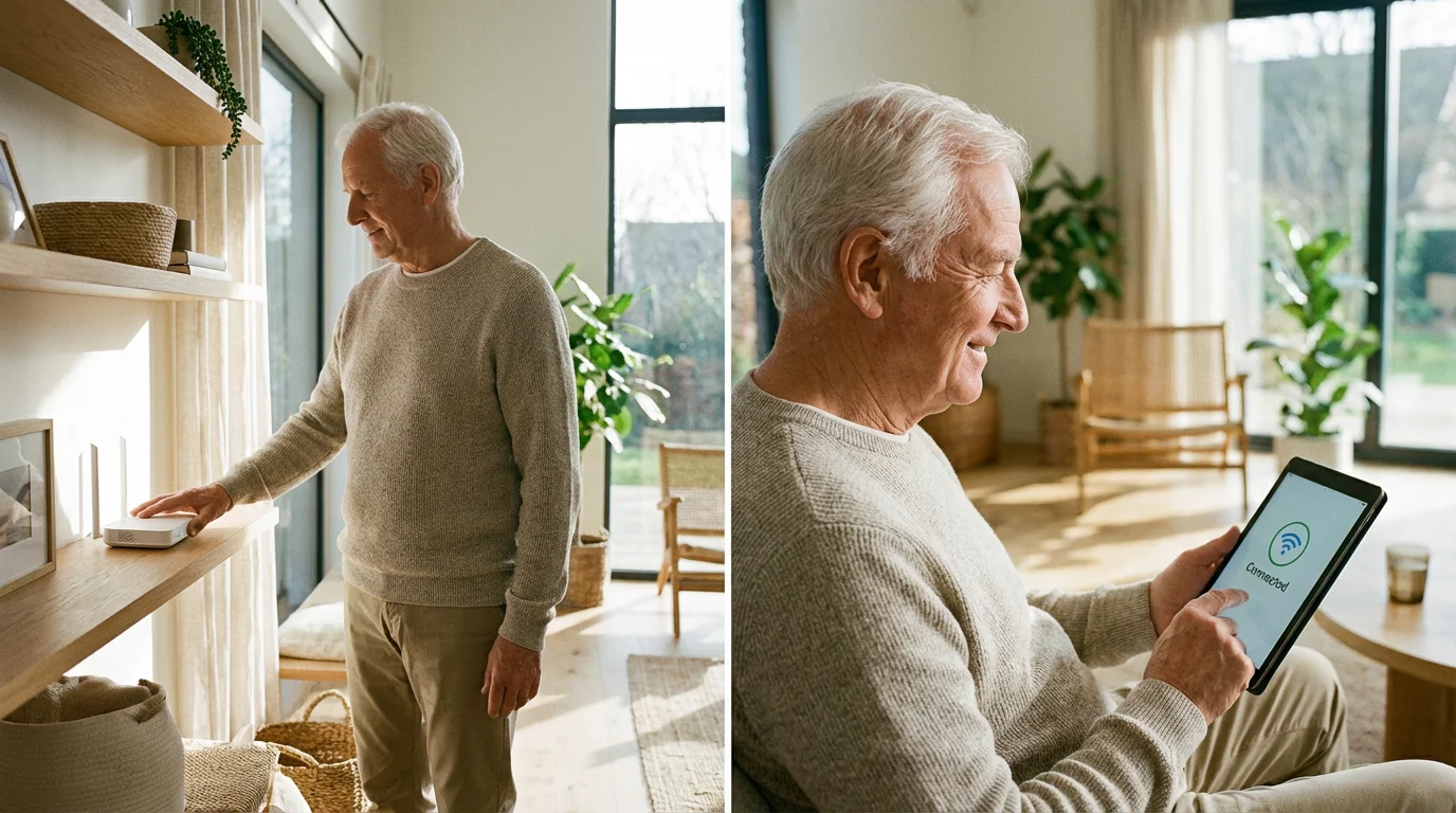 A man checking his Wi-Fi router in a bright living room.