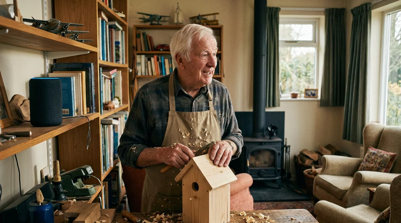 A man in a home workshop talking to his smart speaker while working.