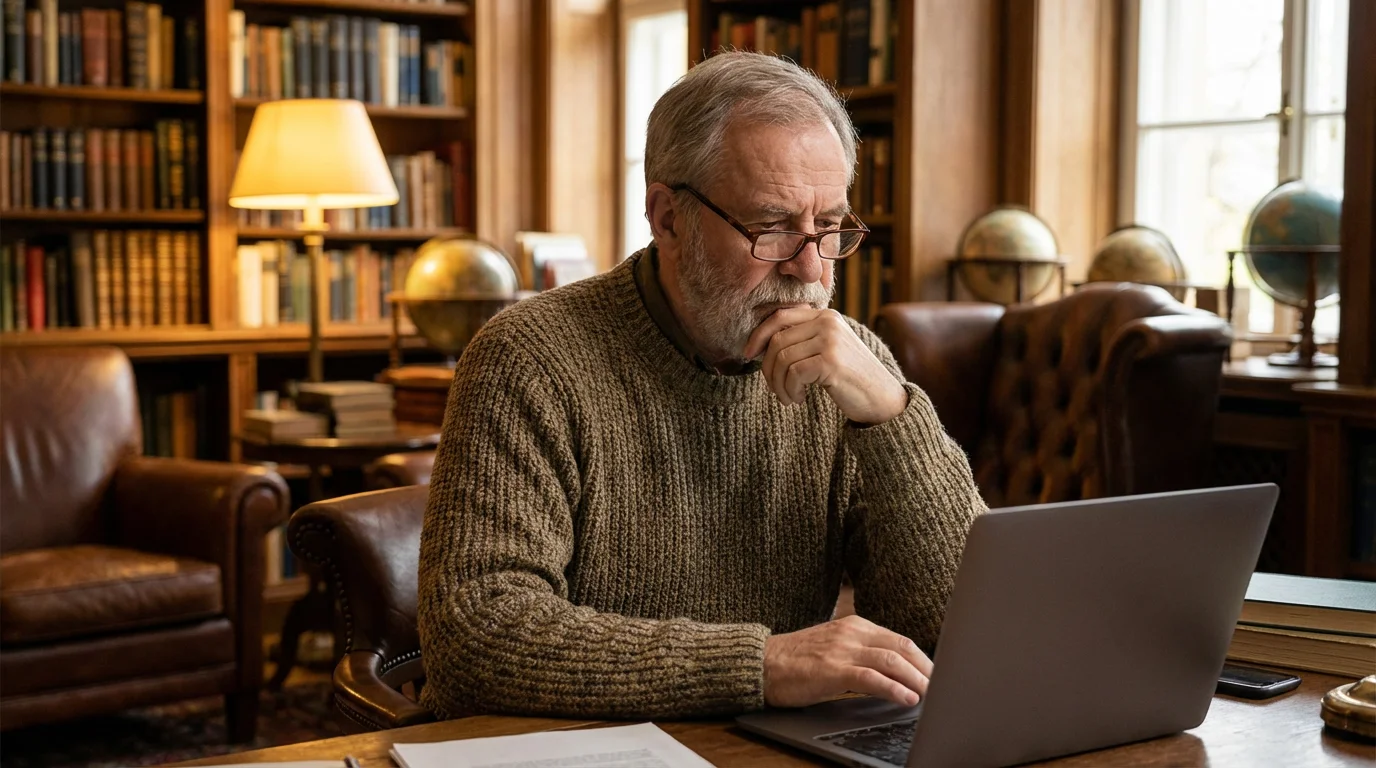 A man looking thoughtfully at his computer in a cozy room.