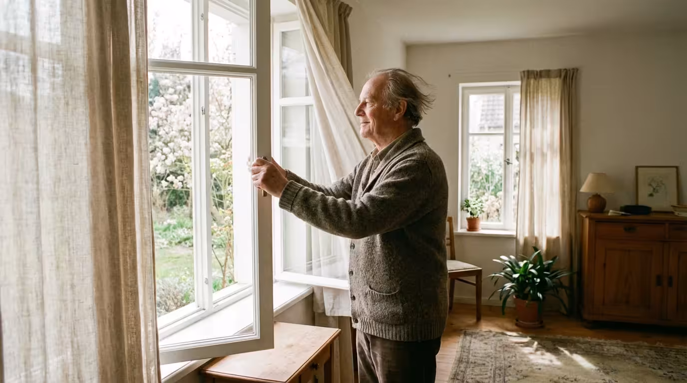 A man opening a window to let in fresh air, symbolizing the refreshing process of clearing a cache.