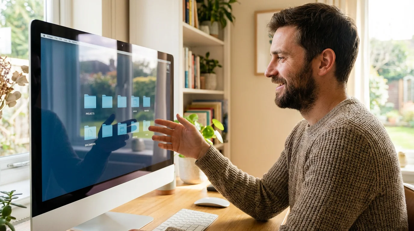 A man organizing digital files on his computer desktop.