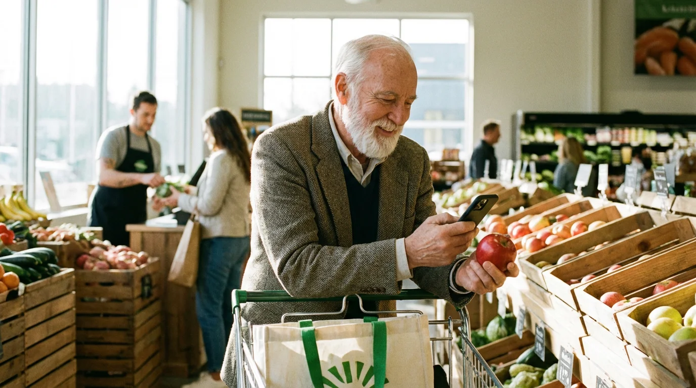 A man using a checklist on his phone while shopping for groceries.