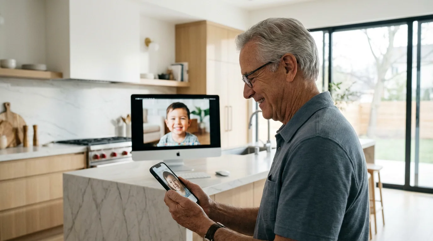 A man using an iPhone with a matching photo visible on a nearby Mac computer.
