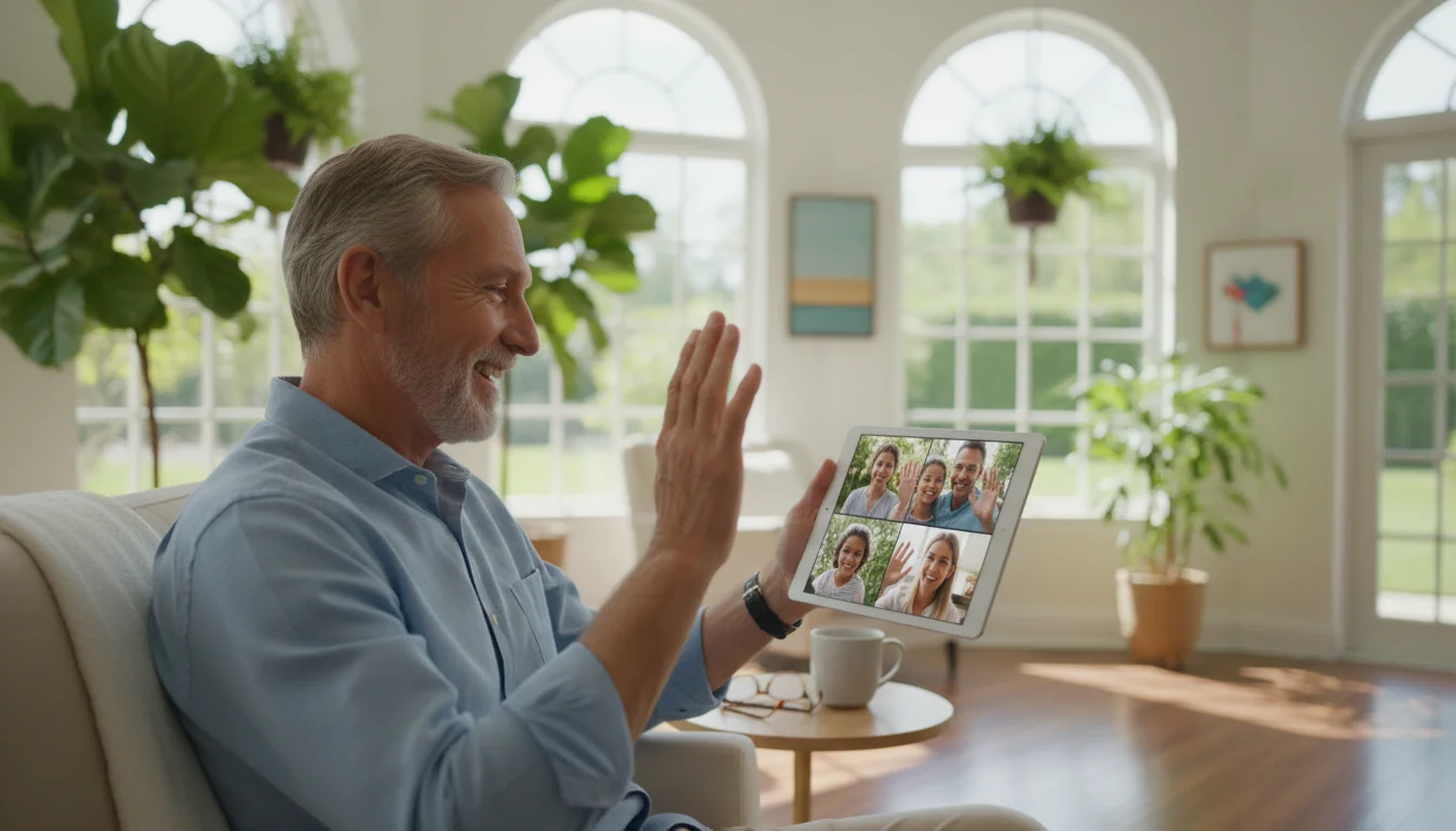 A man waving at his tablet during a video call.