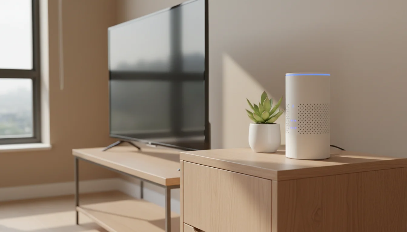 A modern Wi-Fi router sitting on a clean wooden table next to a TV, representing the basic requirements for a Smart TV.