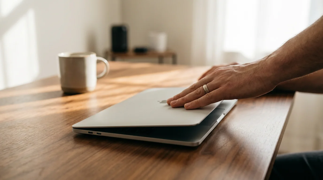 A person decisively closing the lid of a laptop computer.