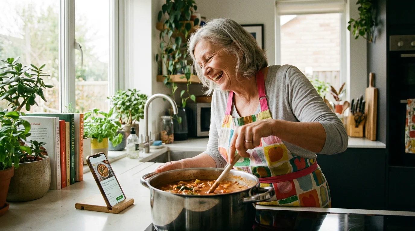 A person listening to their phone while preparing food in a sunlit kitchen.
