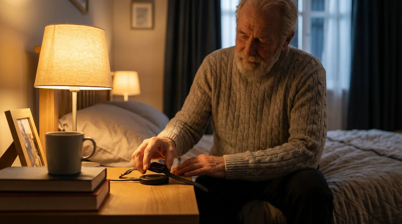 A person placing a smartwatch on its charger on a nightstand.