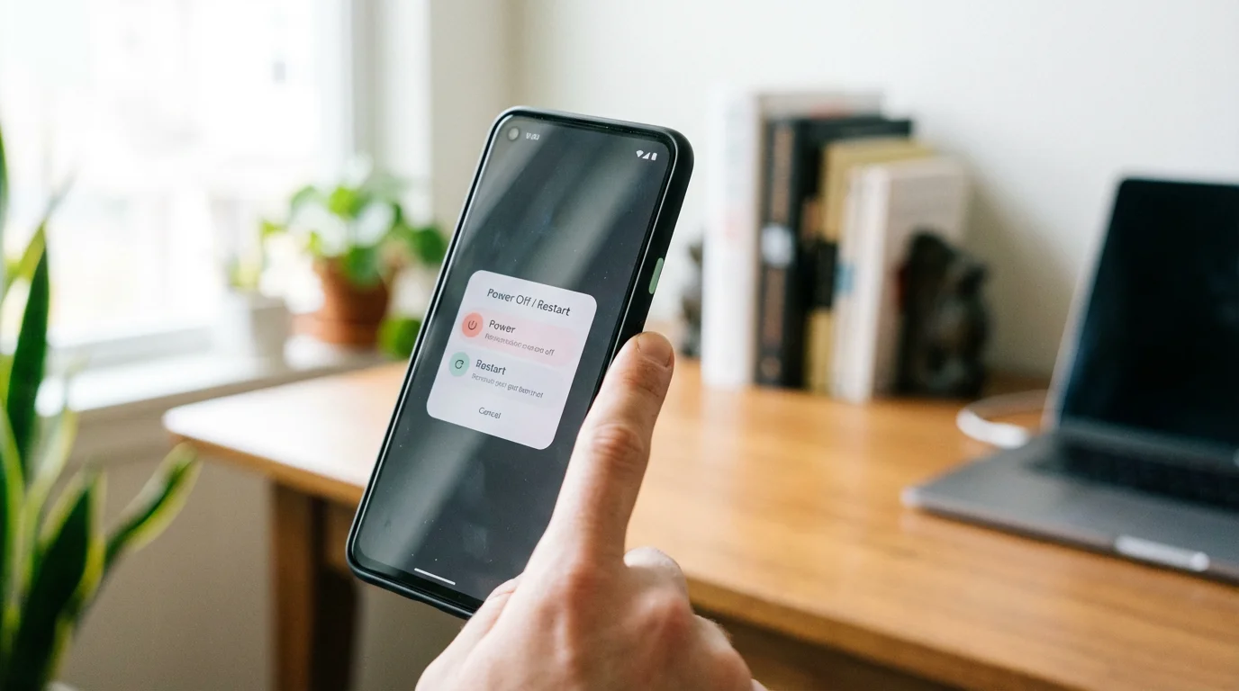 A person pressing the power button on the side of a smartphone.