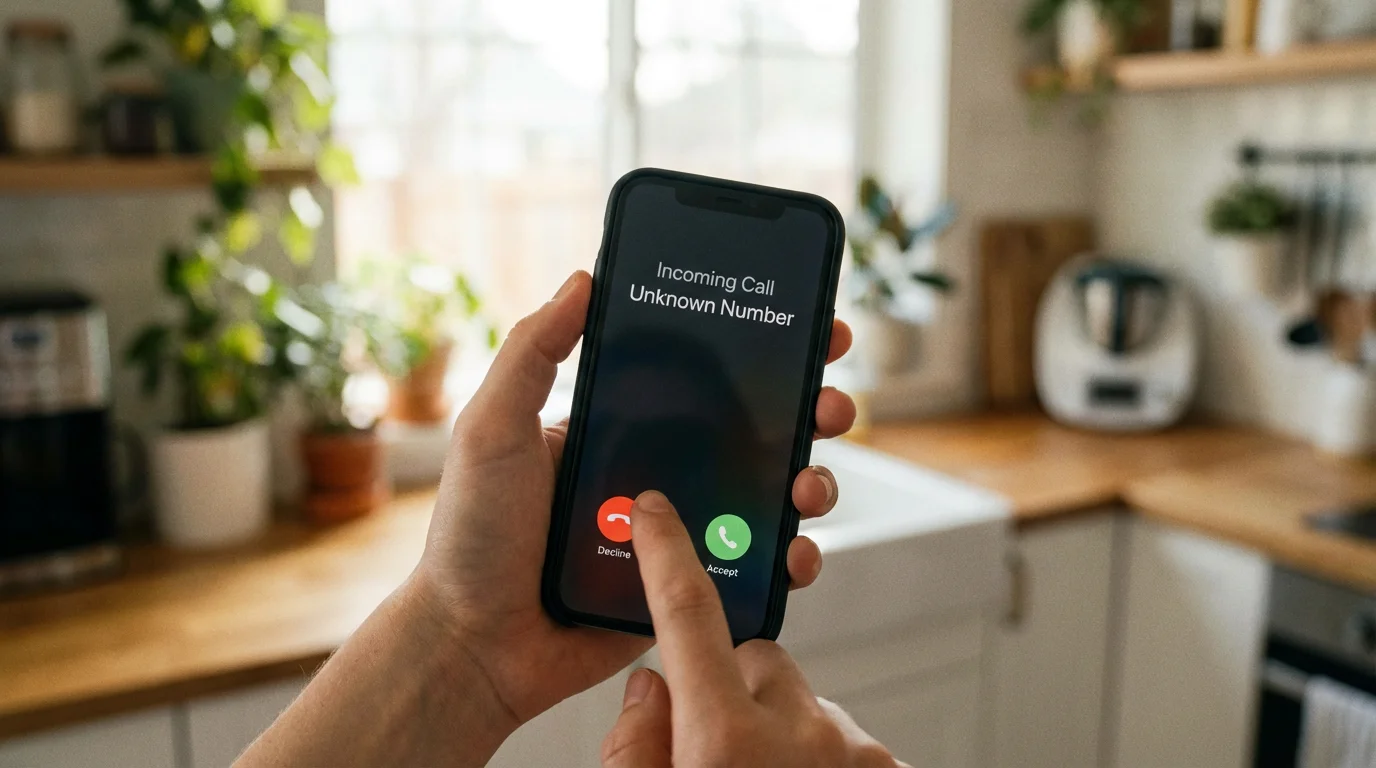 A person's hand about to decline an unknown phone call on a smartphone.