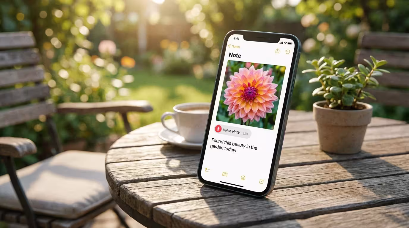 A phone note containing a photo of a flower and a voice memo icon.