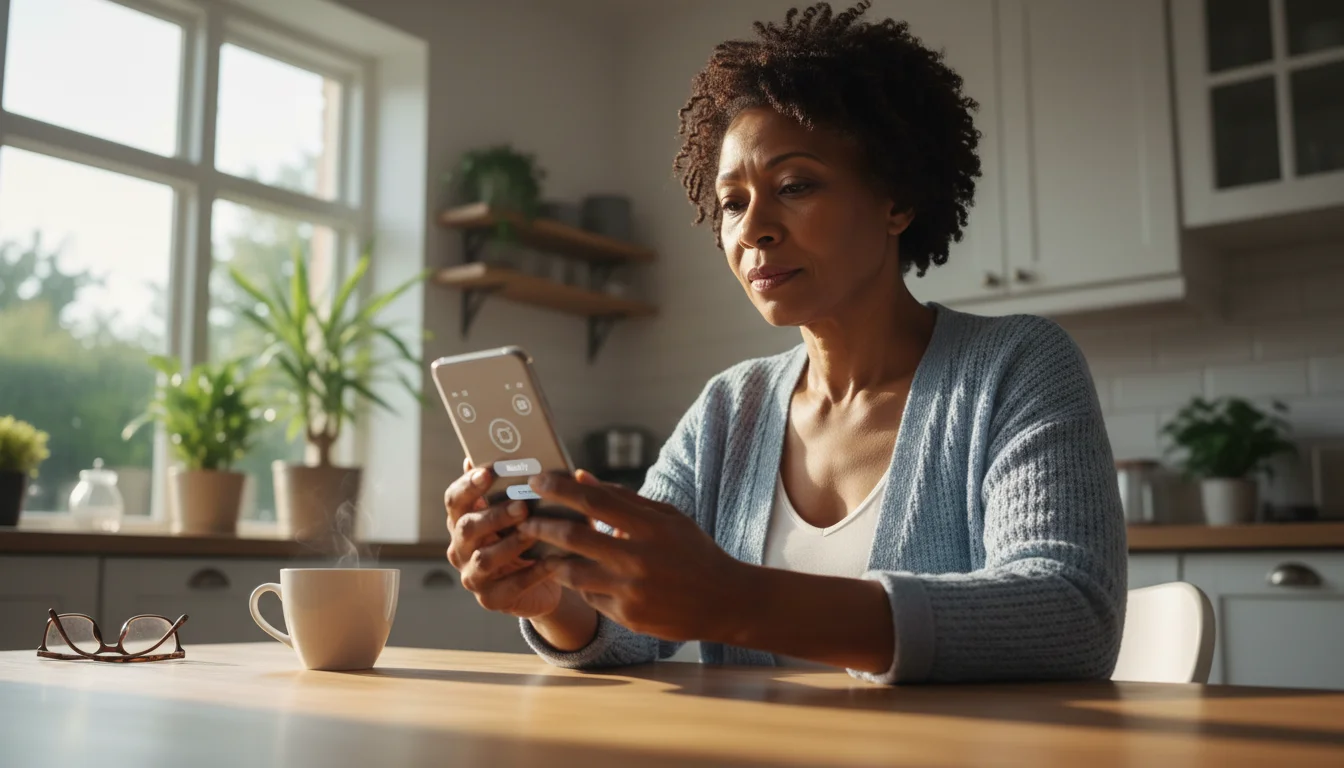 A senior African American woman sits at a kitchen table, holding a smartphone and looking at its screen with a thoughtful expression in soft morning light.