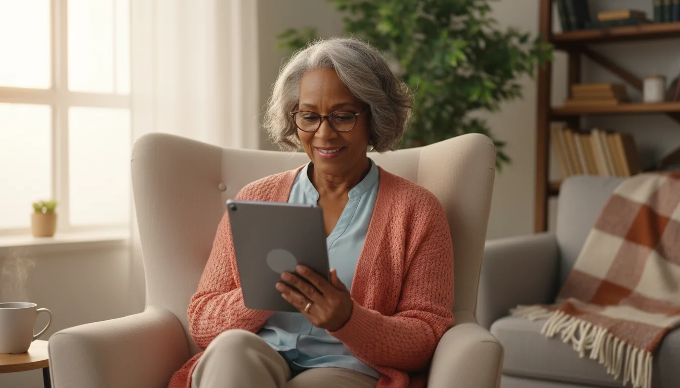 A senior African American woman, smiling, reads an e-book on a tablet in a sunlit living room, appearing relaxed and capable.