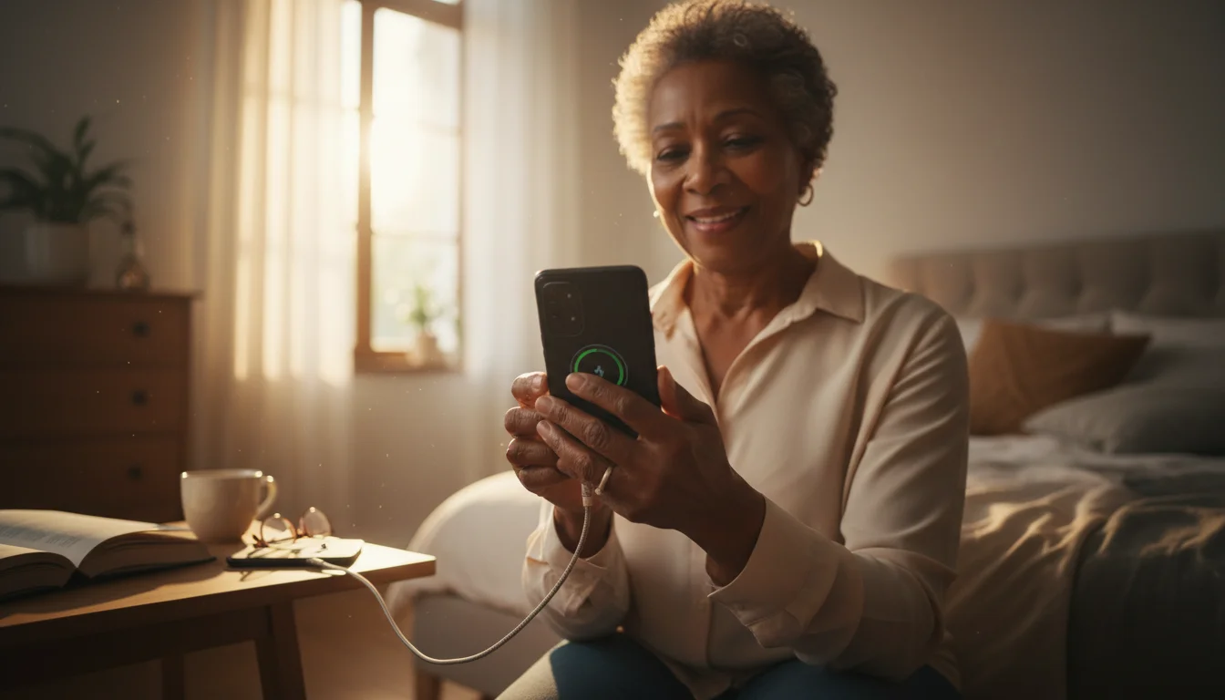 A senior African American woman, smiling softly, holds a generic Android smartphone plugged into a charger on a bedside table, bathed in golden light.