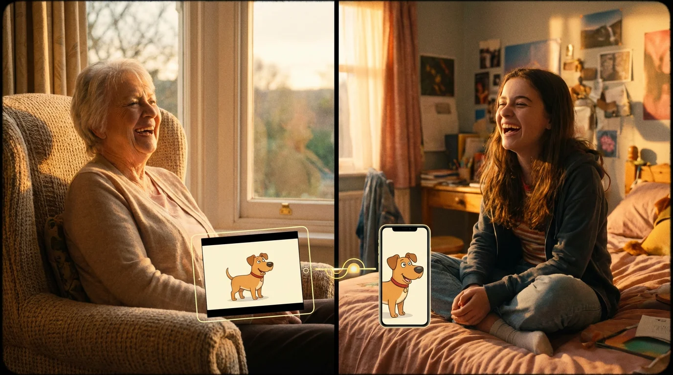 A senior and a teenager watching the same show from different locations.