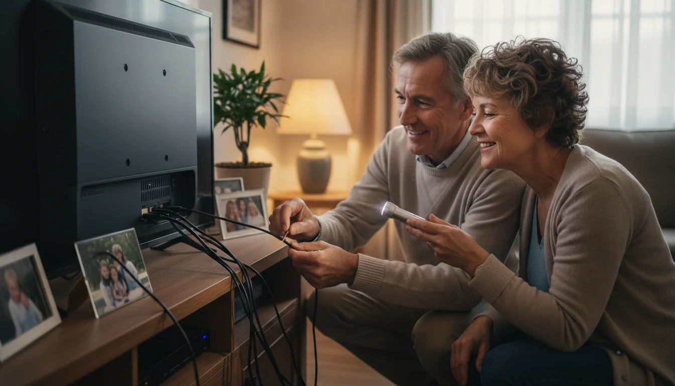 A senior couple calmly checking the cable connections on the back of their television.