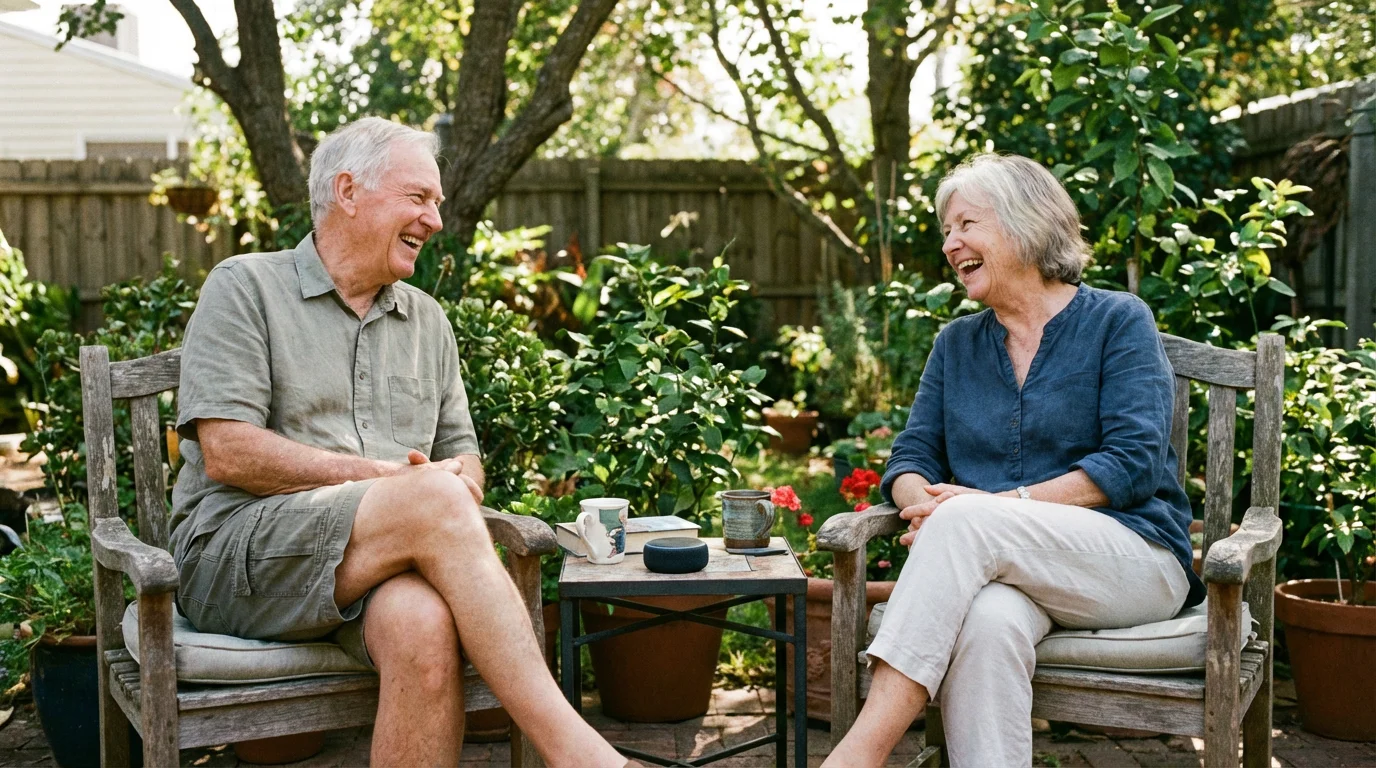 A senior couple enjoying a conversation on their patio with a smart speaker nearby.