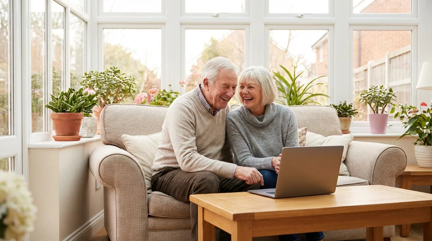 A senior couple laughing together while successfully using a laptop.