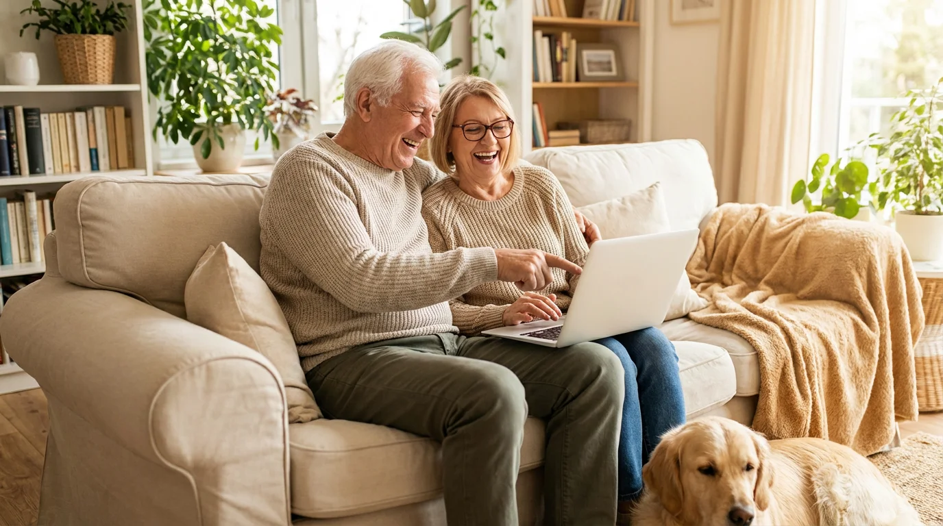 A senior couple laughing together while using a laptop.