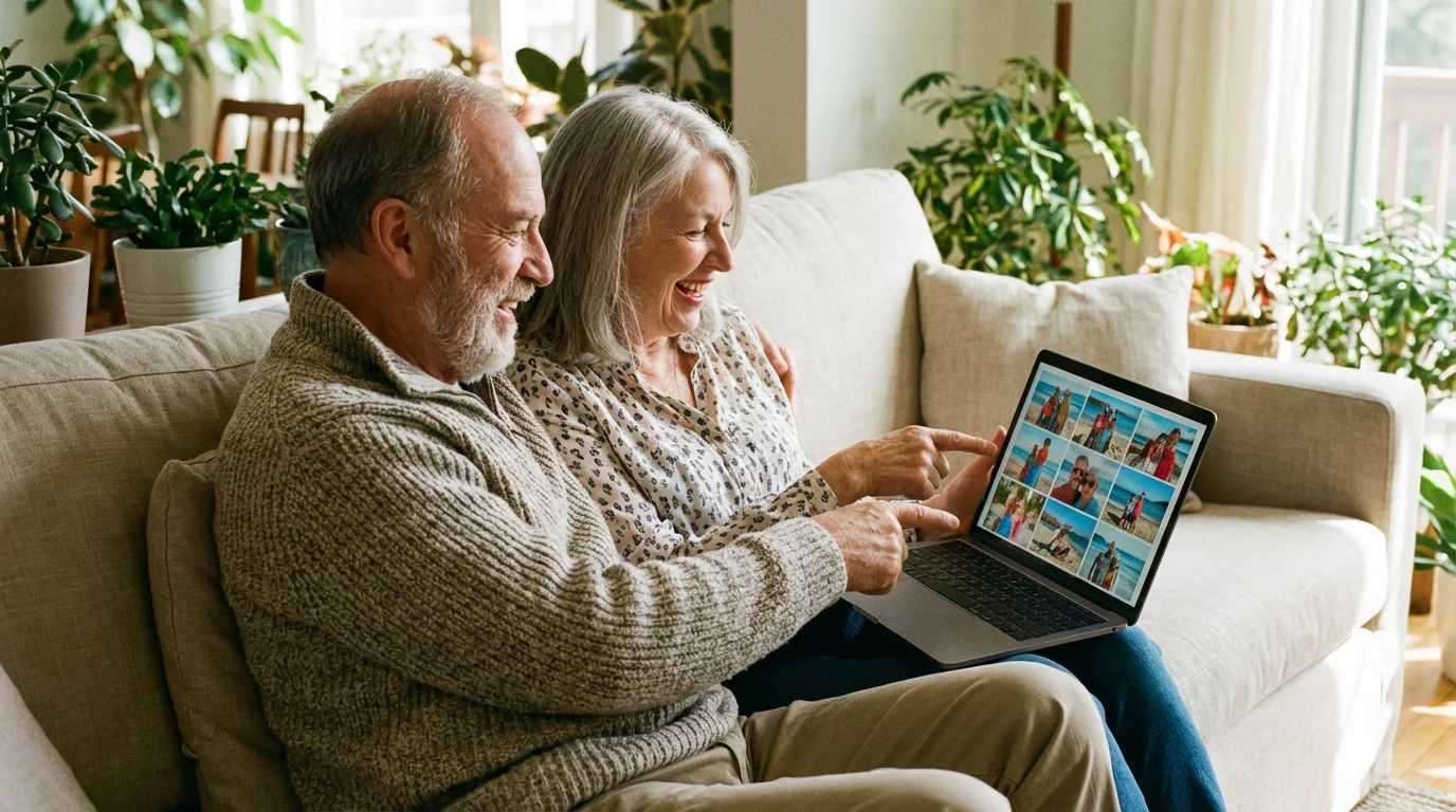 A senior couple laughing while looking at family photos on a laptop.