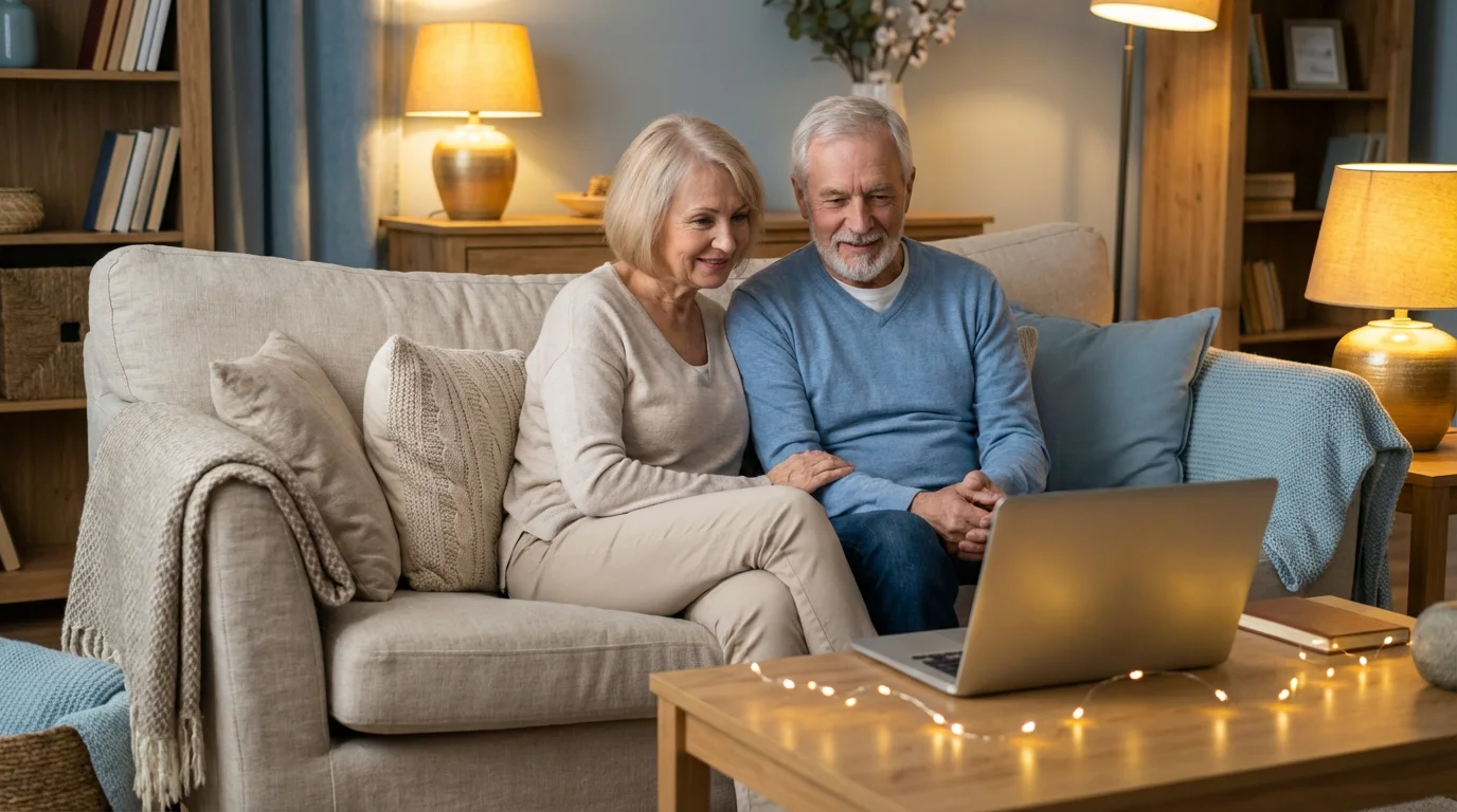 A senior couple looking at a laptop together with hopeful expressions.